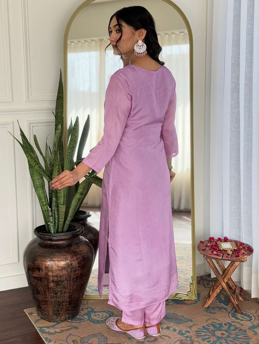 women solid with work three quarter sleeve kurta pant with dupatta set - 22001601 -  Standard Image - 5