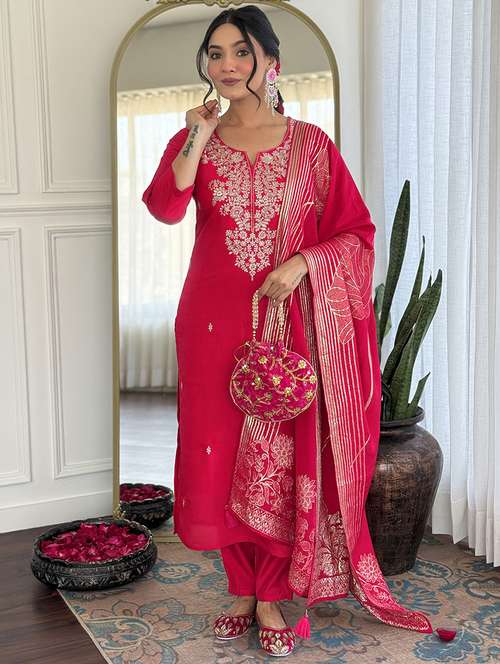 women embroidered three quarter sleeve kurta pant with dupatta set - 22001605 -  Standard Image - 0
