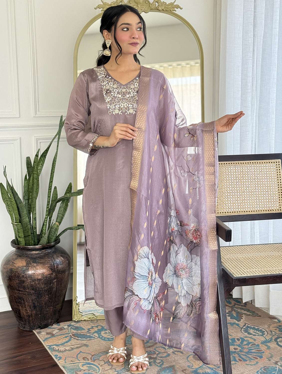 women solid with work three quarter sleeve kurta pant with dupatta set - 22001606 - Zoom Image - 0