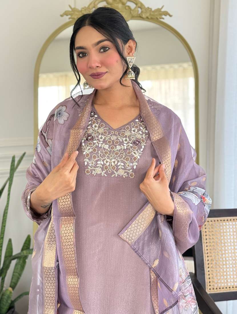 women solid with work three quarter sleeve kurta pant with dupatta set - 22001606 - Standard Image - 3