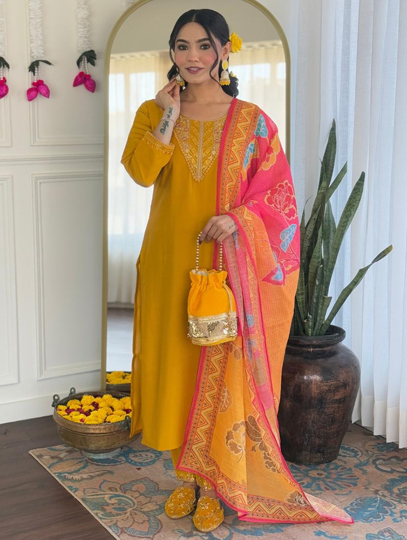 women embroidered three quarter sleeve kurta pant with dupatta set