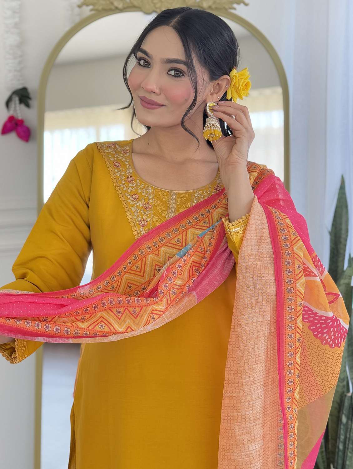 women embroidered three quarter sleeve kurta pant with dupatta set - 22001609 - Standard Image - 3