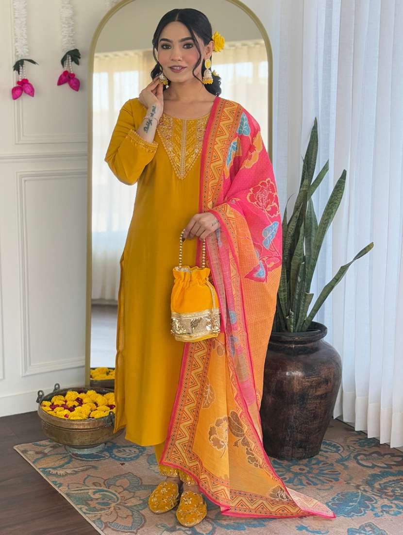 women embroidered three quarter sleeve kurta pant with dupatta set