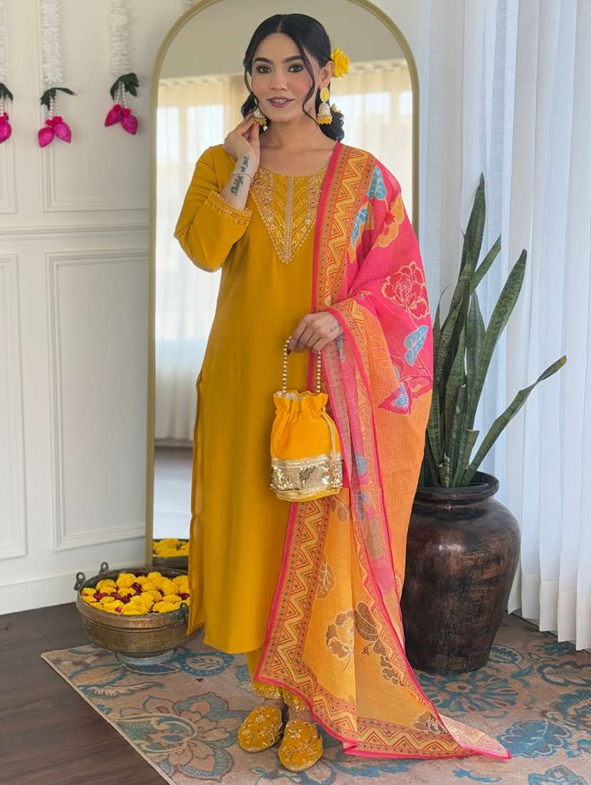 women embroidered three quarter sleeve kurta pant with dupatta set