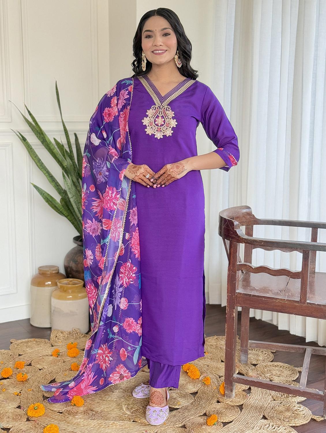 women embroidered three quarter sleeve kurta pant with dupatta set