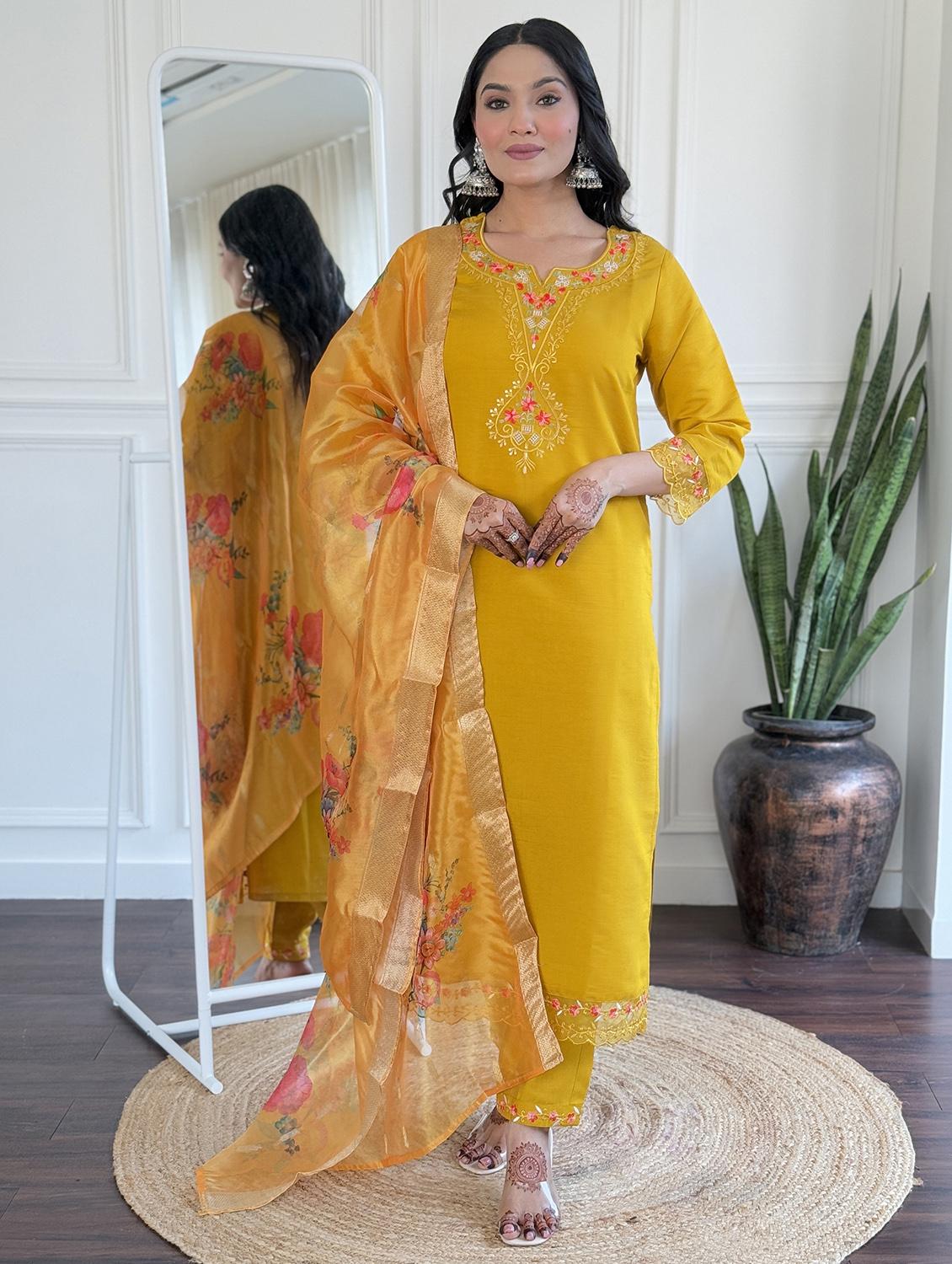 women embroidered three quarter sleeve kurta pant with dupatta set