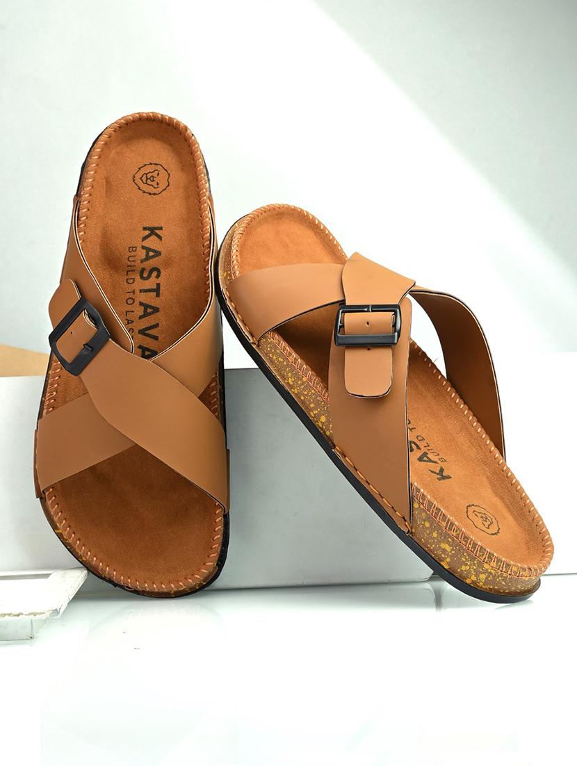 men tan slip on sandal