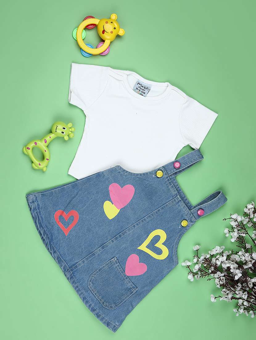 girls printed dungaree dress with t-shirt
