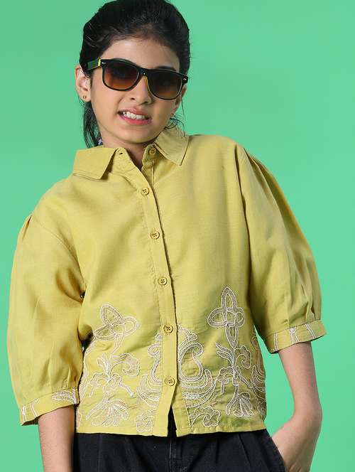 girls embroidered three quarter sleeve top - 22002237 -  Standard Image - 0