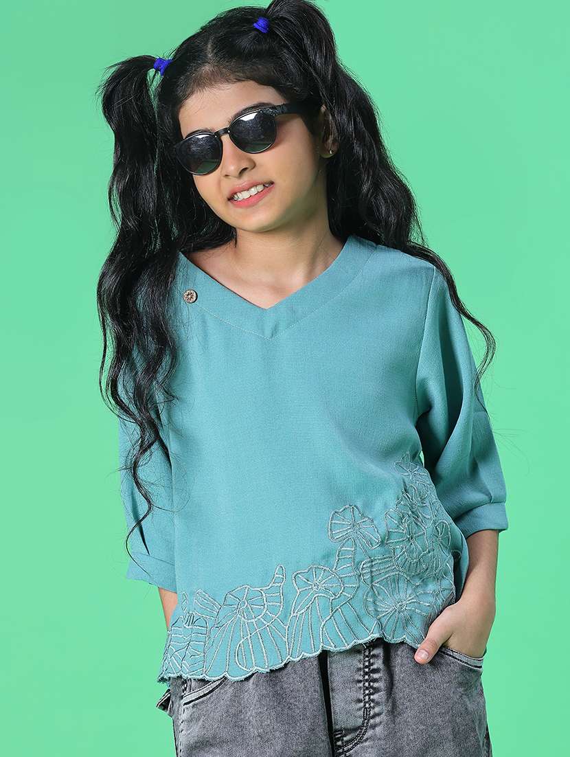 girls embroidered three quarter sleeve top