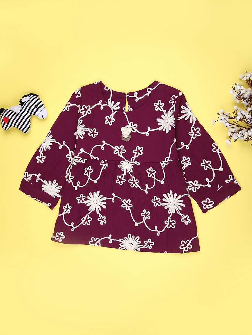 girls embroidered three quarter sleeve top