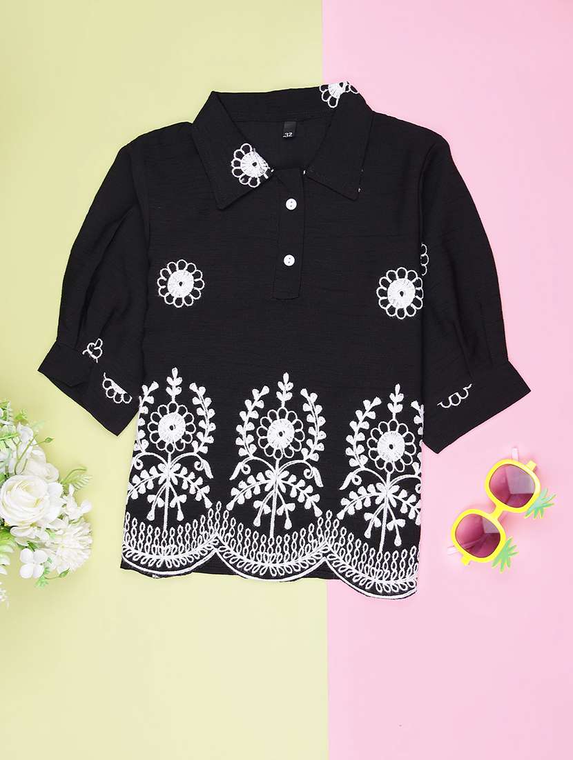 girls embroidered three quarter sleeve top - 22002313 -  Zoom Image - 0