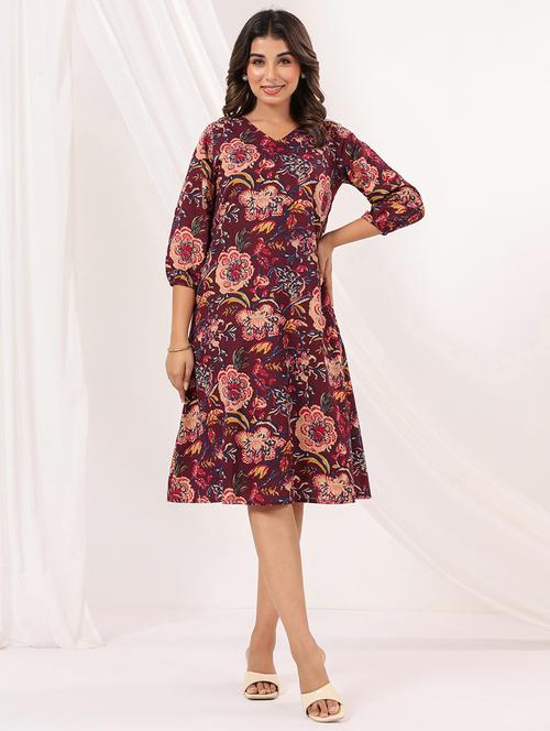 women floral print three quarter sleeve a-line dress - 22002352 - Standard Image - 0