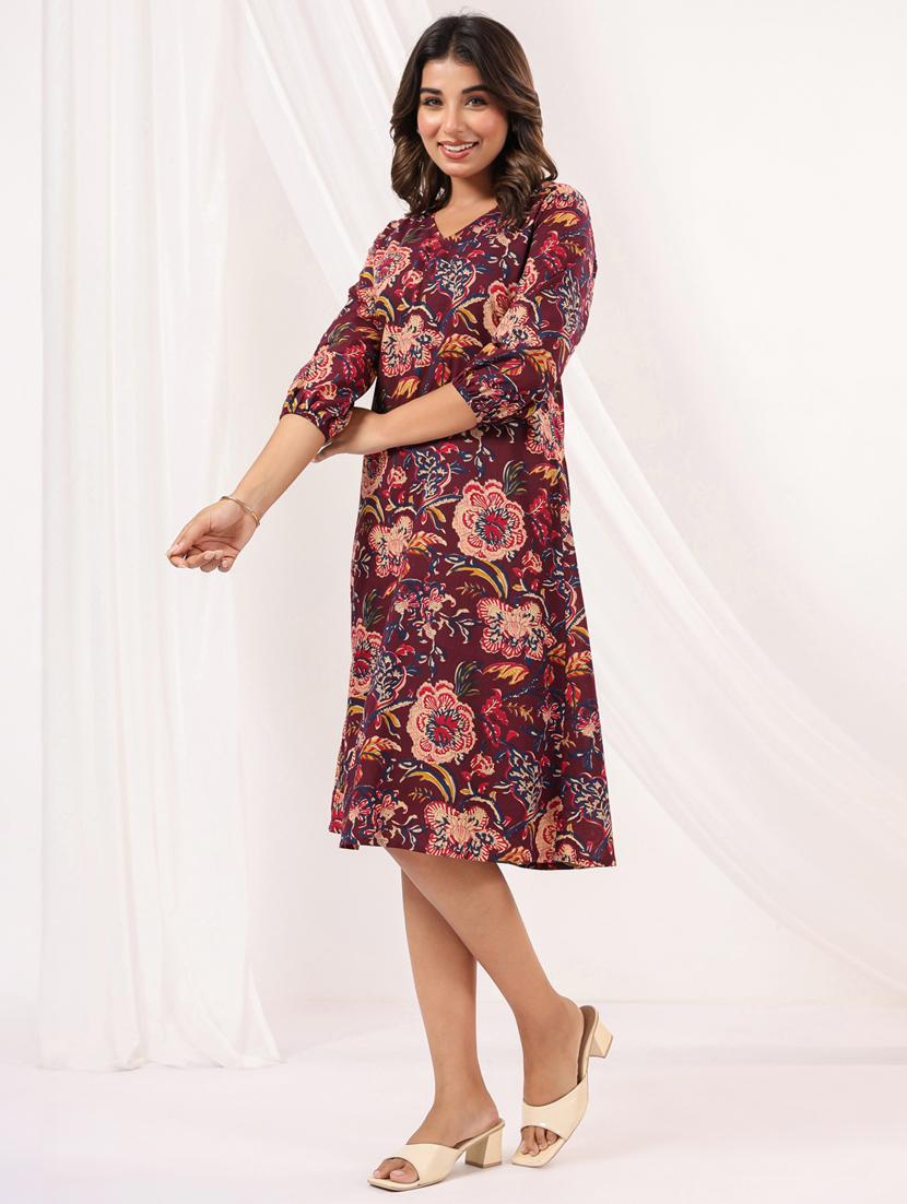 women floral print three quarter sleeve a-line dress - 22002352 - Standard Image - 3