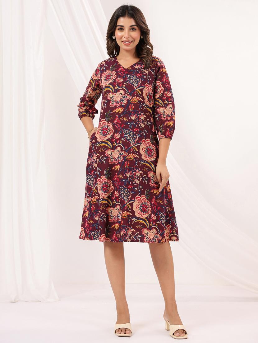 women floral print three quarter sleeve a-line dress - 22002352 - Standard Image - 5