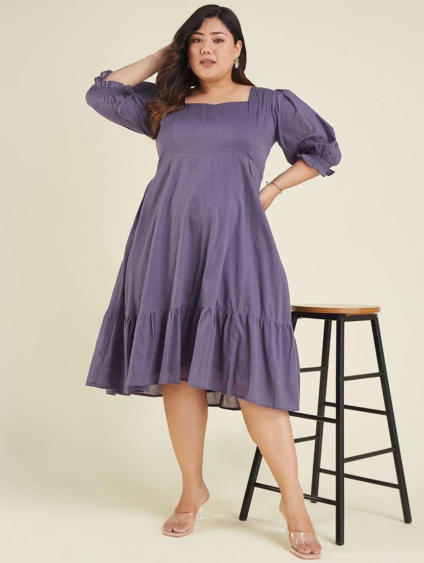 women plus size solid puff sleeve tiered dress