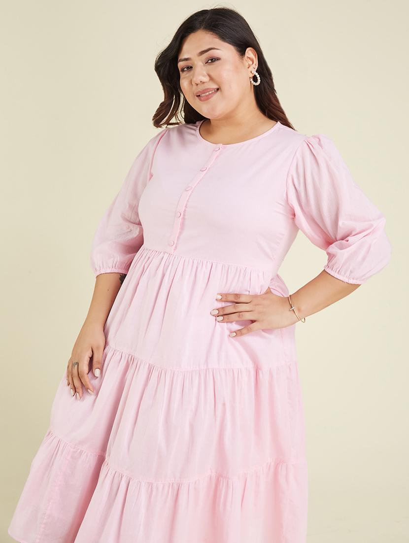 women plus size solid puff sleeve tiered dress - 22002356 - Standard Image - 3