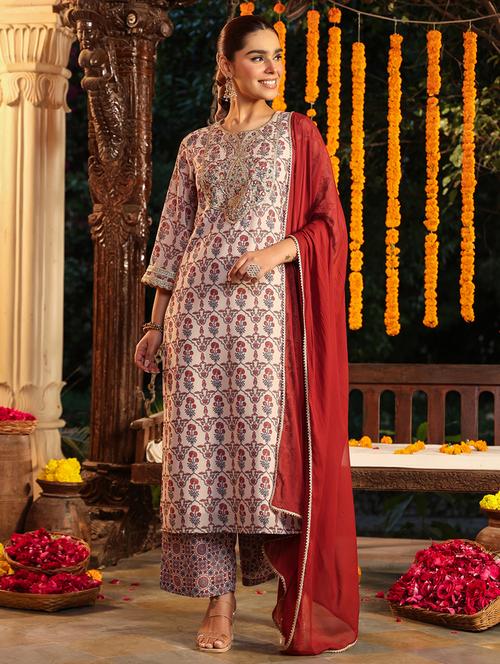 women printed three quarter sleeve kurta palazzo with dupatta set - 22002359 - Standard Image - 0