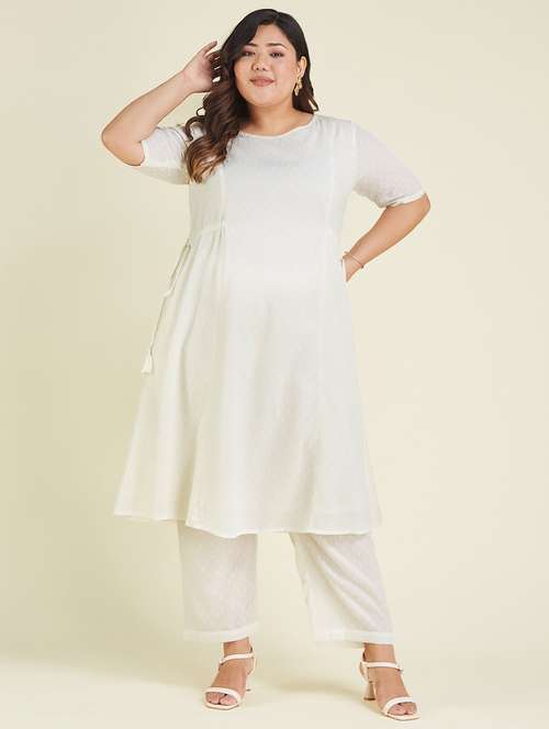 women plus size self design elbow sleeve kurta pant set - 22002360 - Standard Image - 0