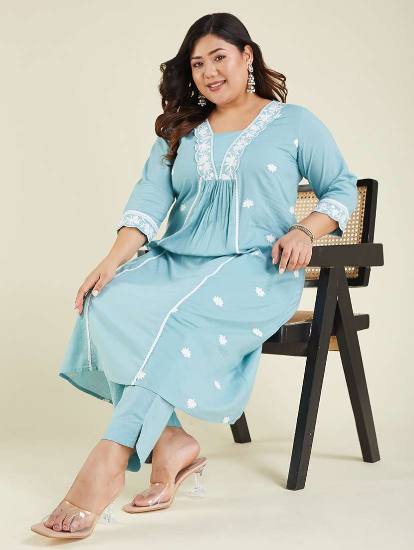 women plus size embroidered three quarter sleeve kurta pant set - 22002363 -  Standard Image - 3