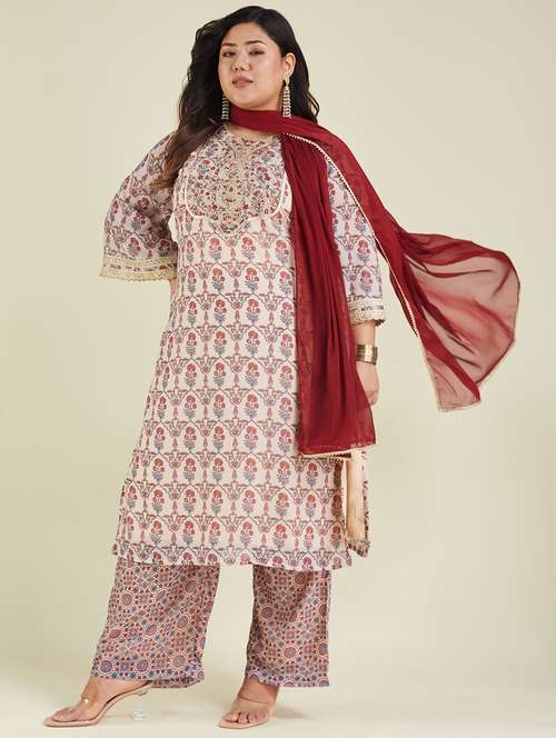women plus size printed three quarter sleeve kurta pant with dupatta set - 22002370 - Standard Image - 0