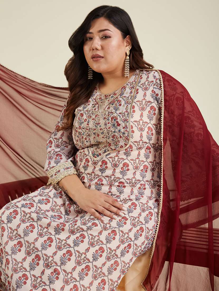 women plus size printed three quarter sleeve kurta pant with dupatta set - 22002370 - Standard Image - 3