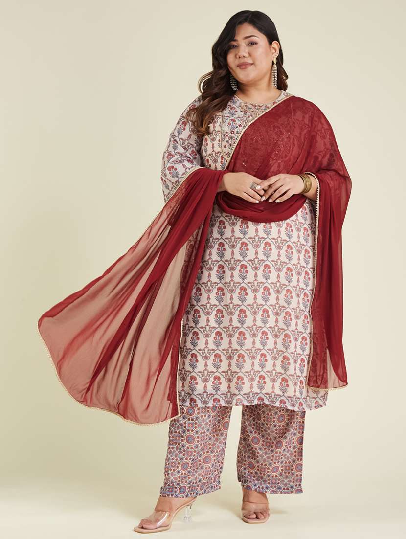 women plus size printed three quarter sleeve kurta pant with dupatta set - 22002370 - Standard Image - 5