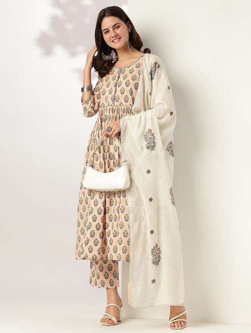 women floral three quarter sleeve kurta pant with dupatta set - 22002372 - Standard Image - 0