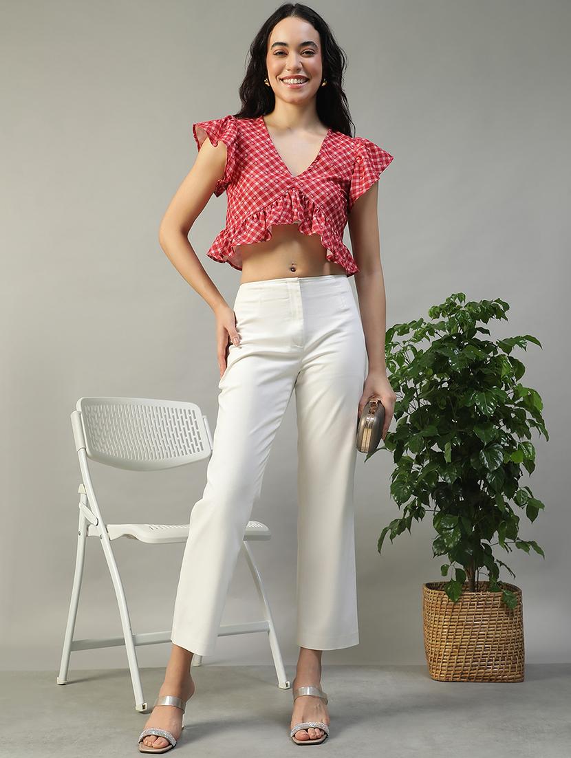 women checkered ruffle sleeve crop top - 22002380 - Standard Image - 3