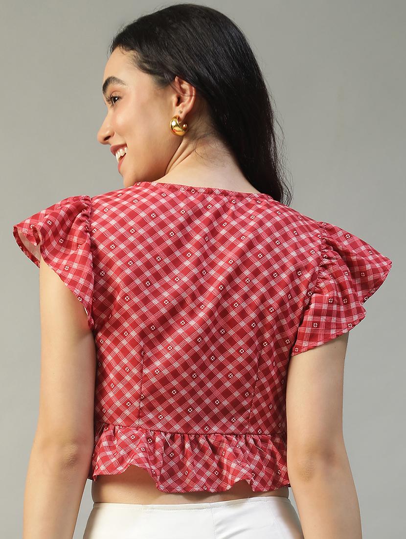 women checkered ruffle sleeve crop top - 22002380 - Standard Image - 5