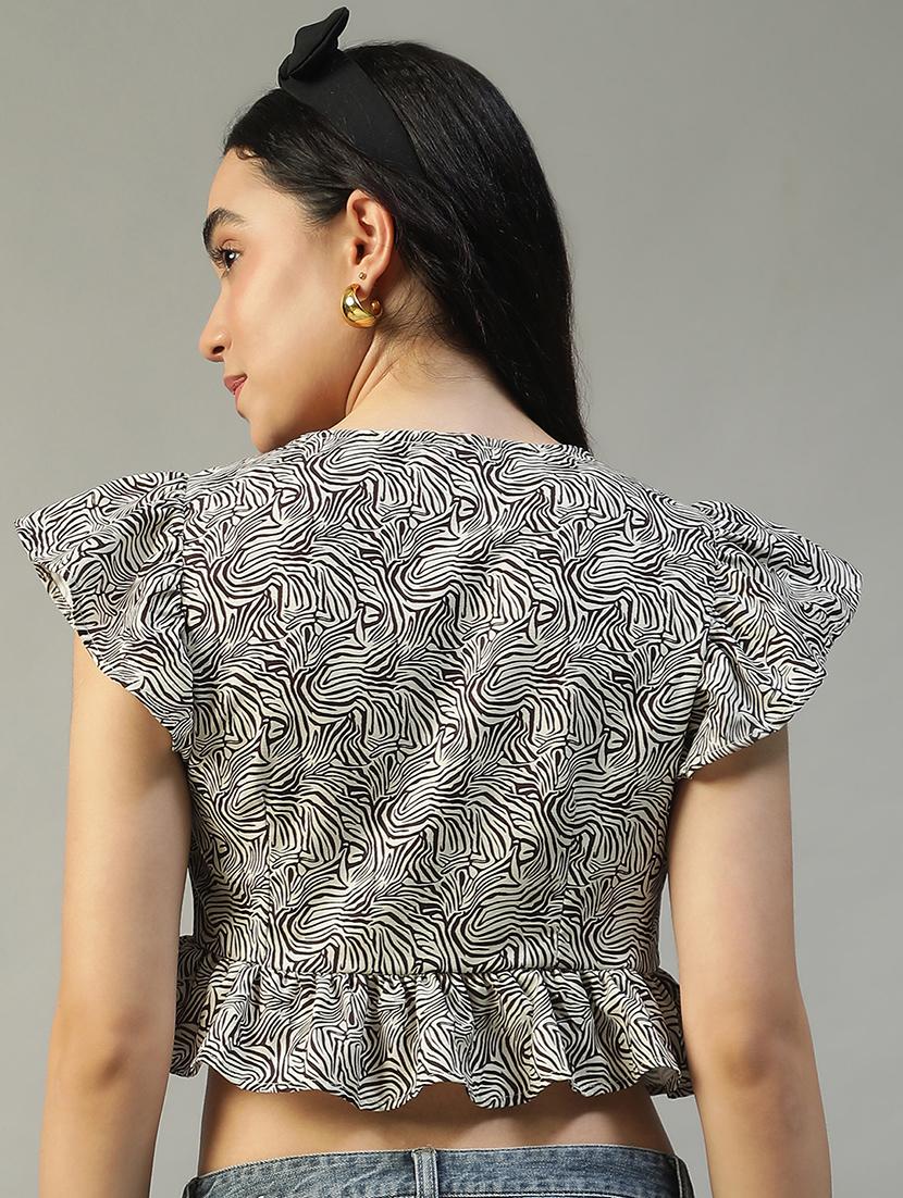 women animal print ruffle sleeve crop top - 22002382 - Standard Image - 3