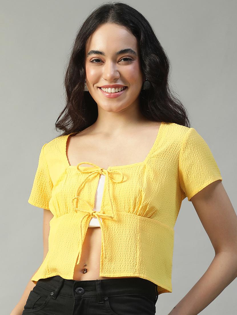 women solid short sleeve tie up crop top - 22002383 -  Zoom Image - 0
