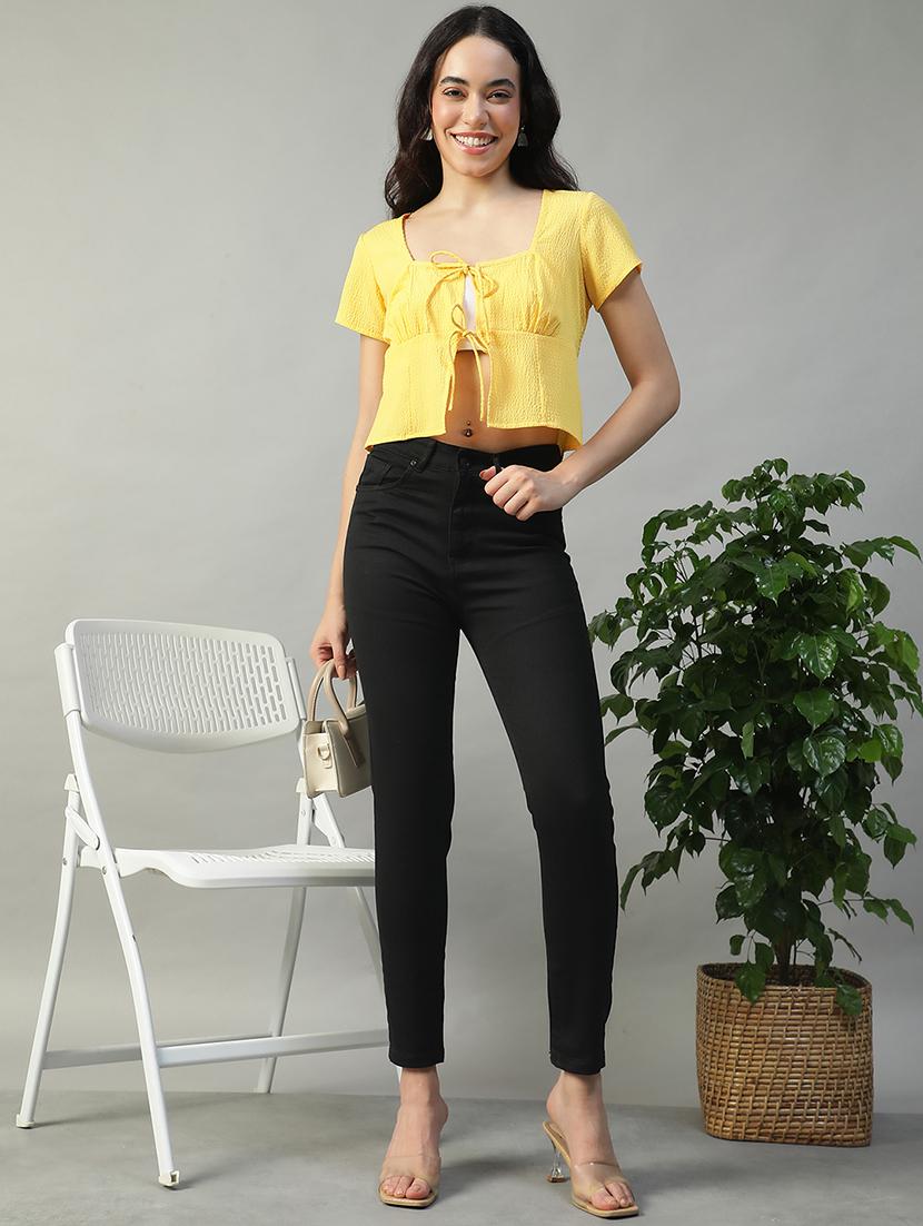 women solid short sleeve tie up crop top - 22002383 - Standard Image - 3