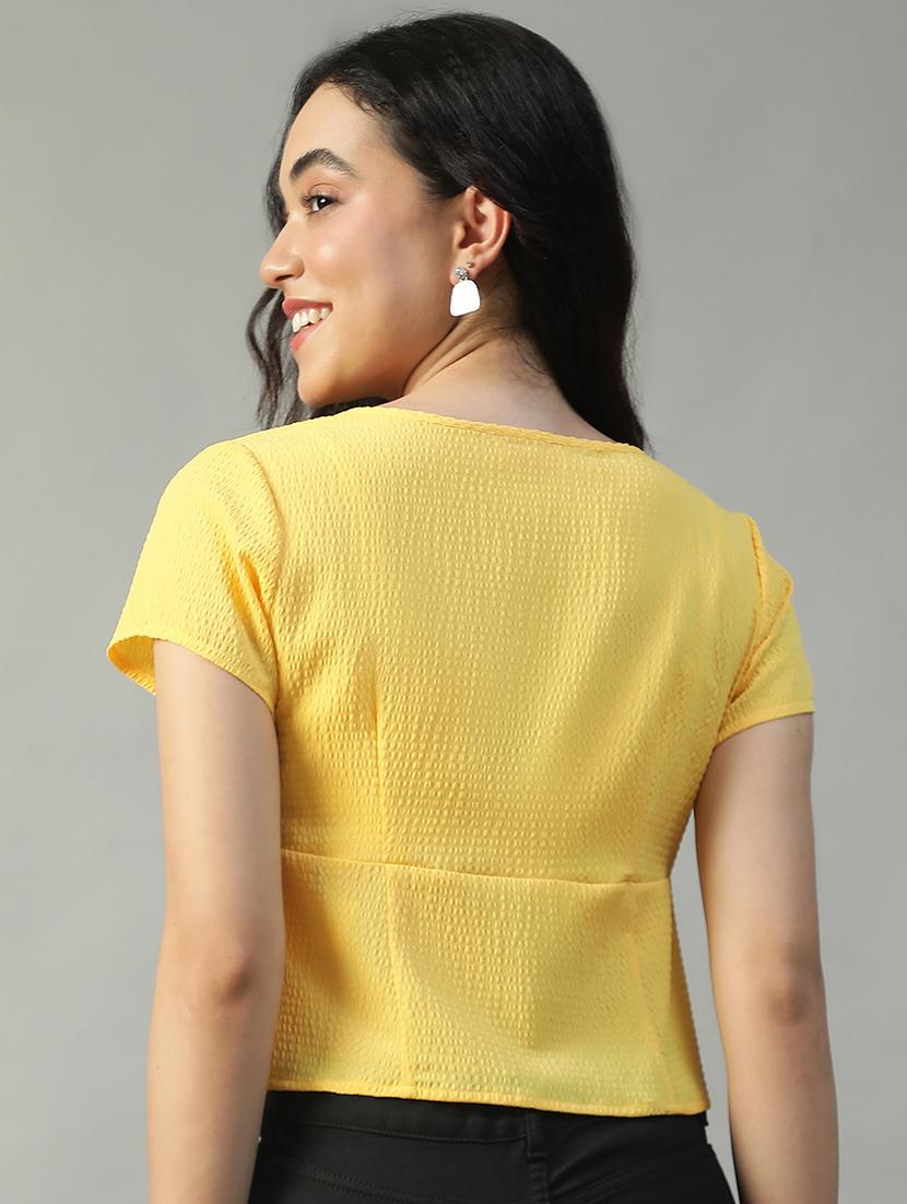women solid short sleeve tie up crop top - 22002383 - Standard Image - 5