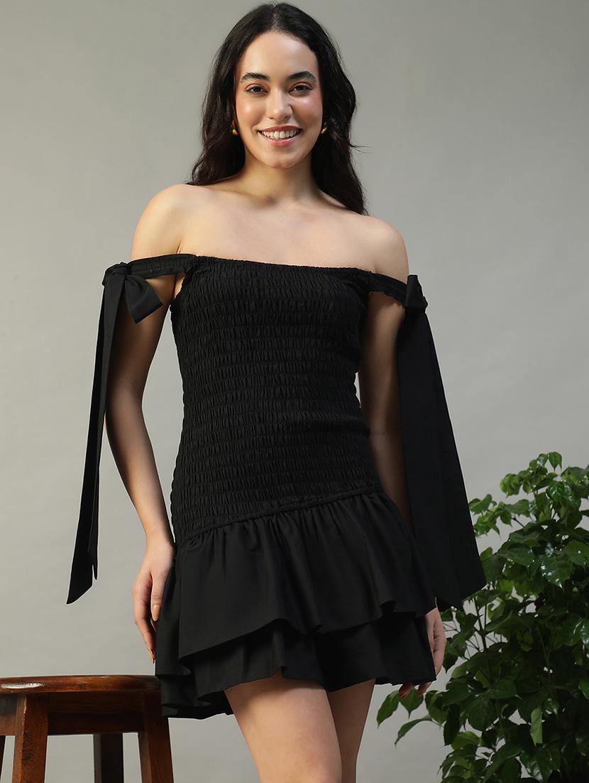 women black solid off shoulder layered dress - 22002393 -  Zoom Image - 0
