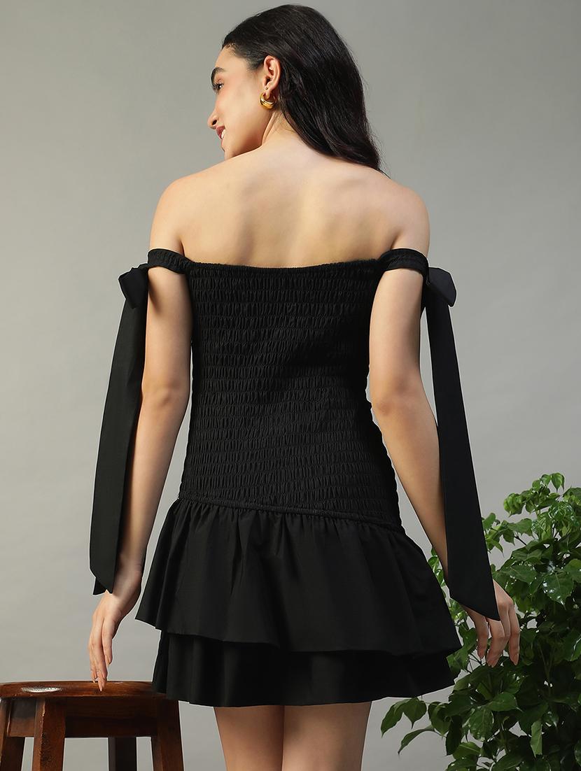 women black solid off shoulder layered dress - 22002393 - Standard Image - 5