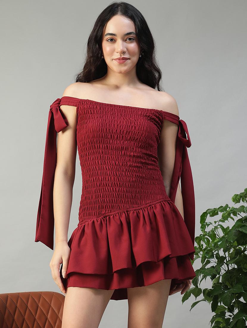 women maroon solid off shoulder layered dress