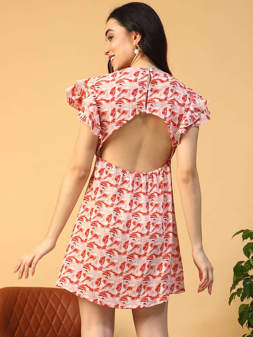 women printed ruffle sleeve backless a-line dress - 22002395 - Standard Image - 3