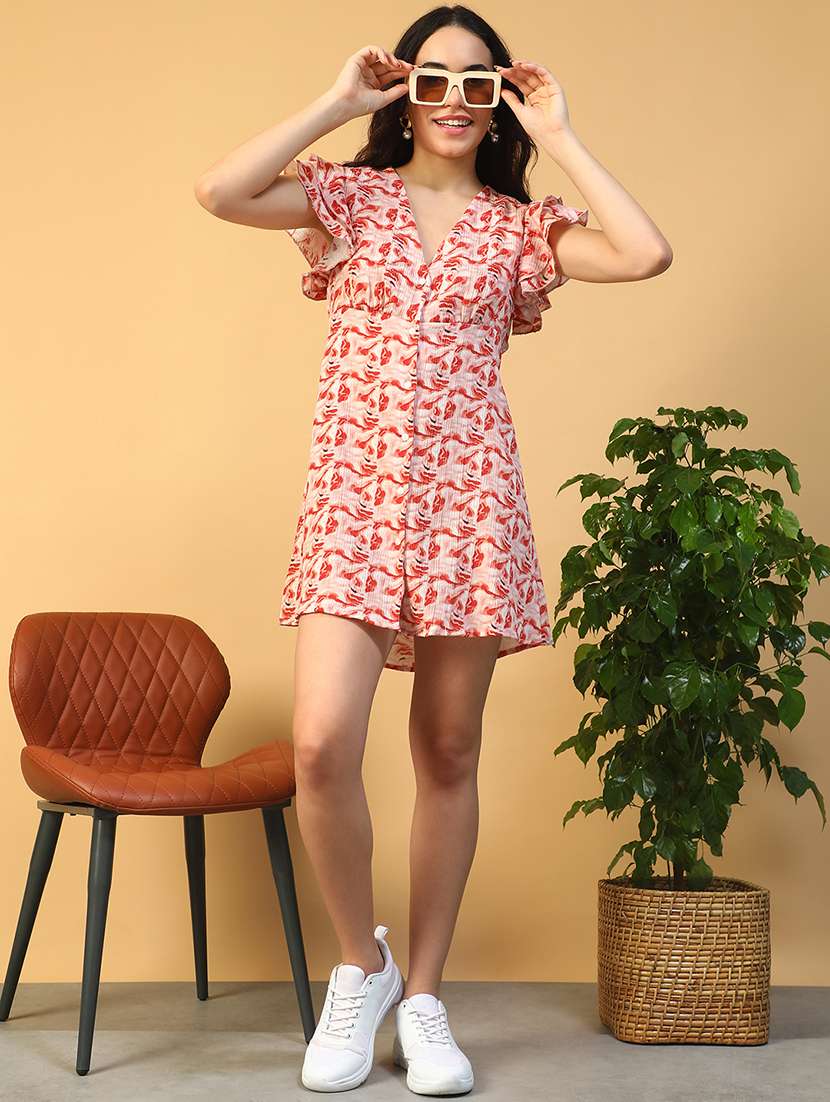 women printed ruffle sleeve backless a-line dress - 22002395 - Standard Image - 5