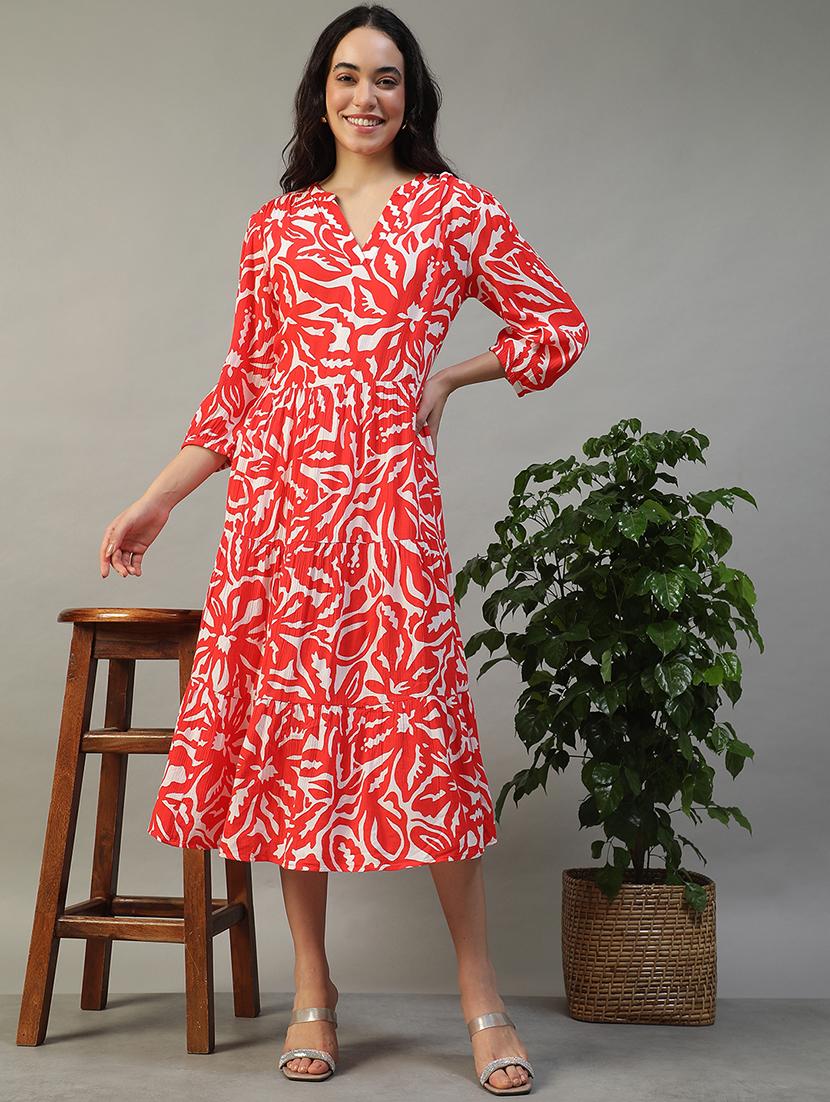women red printed puff sleeve tiered dress - 22002398 -  Zoom Image - 0