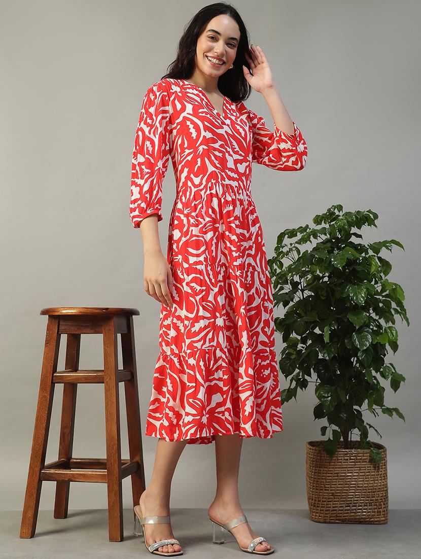 women red printed puff sleeve tiered dress - 22002398 - Standard Image - 3