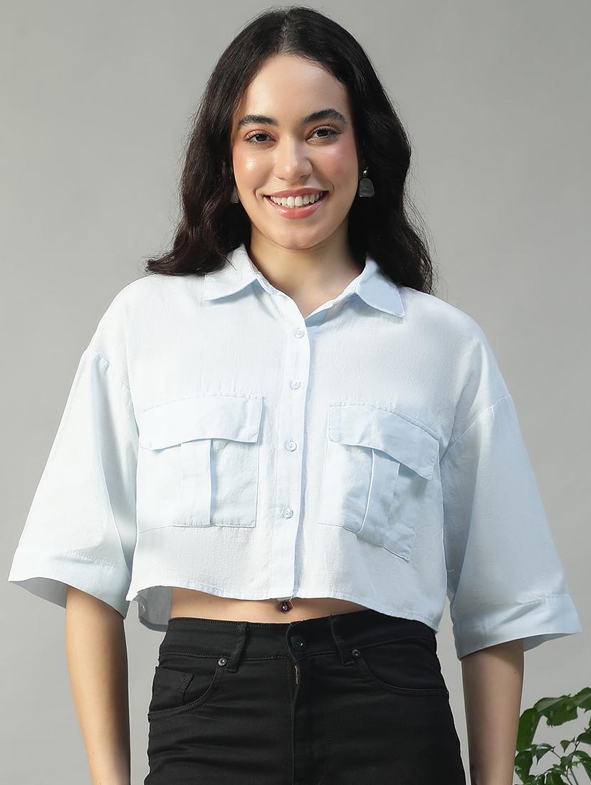 women solid collared short sleeve crop shirt - 22002404 -  Zoom Image - 0