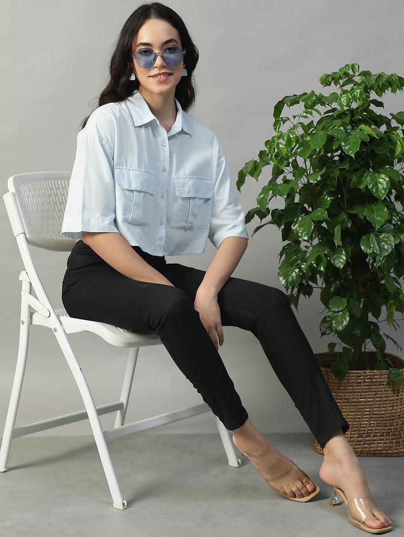 women solid collared short sleeve crop shirt - 22002404 - Standard Image - 3