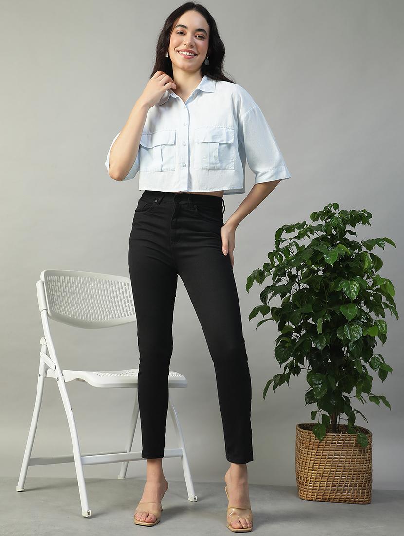 women solid collared short sleeve crop shirt - 22002404 - Standard Image - 5