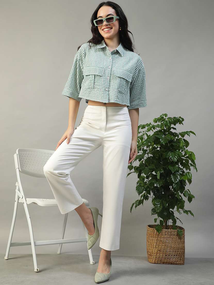 women checkered collared short sleeve crop shirt - 22002405 - Standard Image - 3
