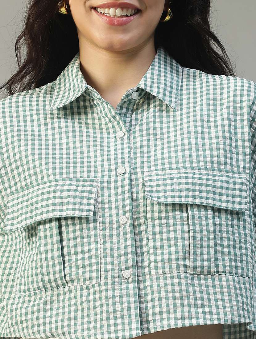 women checkered collared short sleeve crop shirt - 22002405 - Standard Image - 5