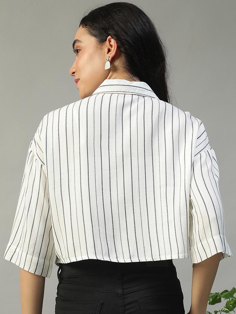 women striped collared short sleeve crop shirt - 22002406 - Standard Image - 3