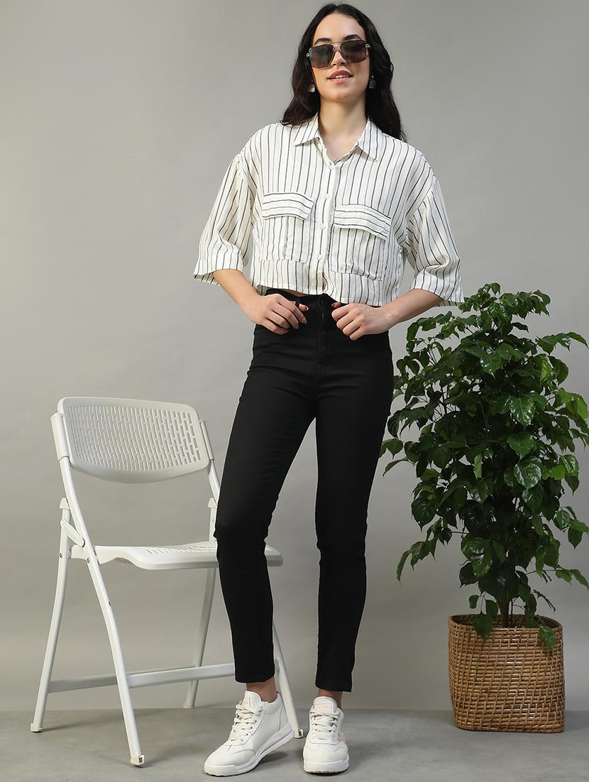 women striped collared short sleeve crop shirt - 22002406 - Standard Image - 5