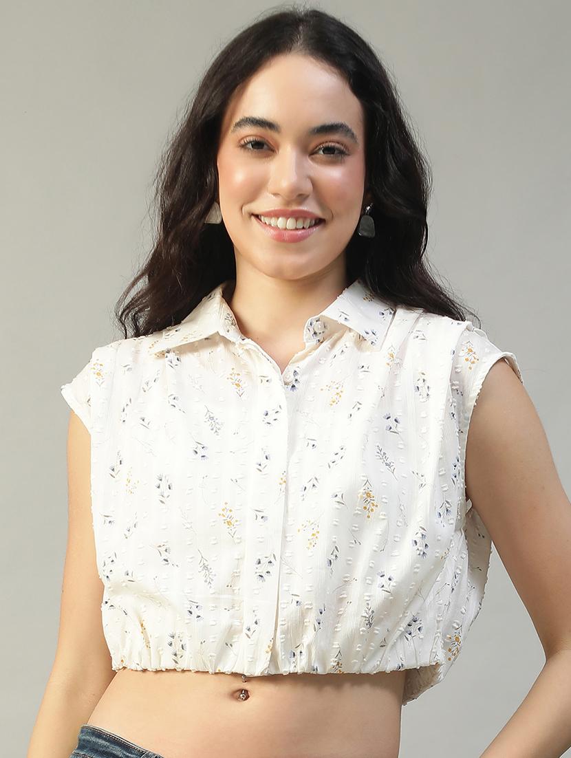 women printed collared sleeveless crop shirt - 22002407 - Zoom Image - 0