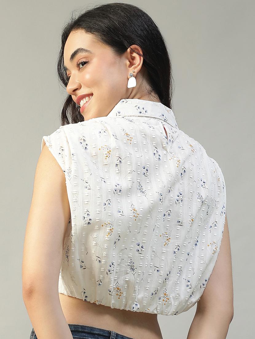 women printed collared sleeveless crop shirt - 22002407 - Standard Image - 3